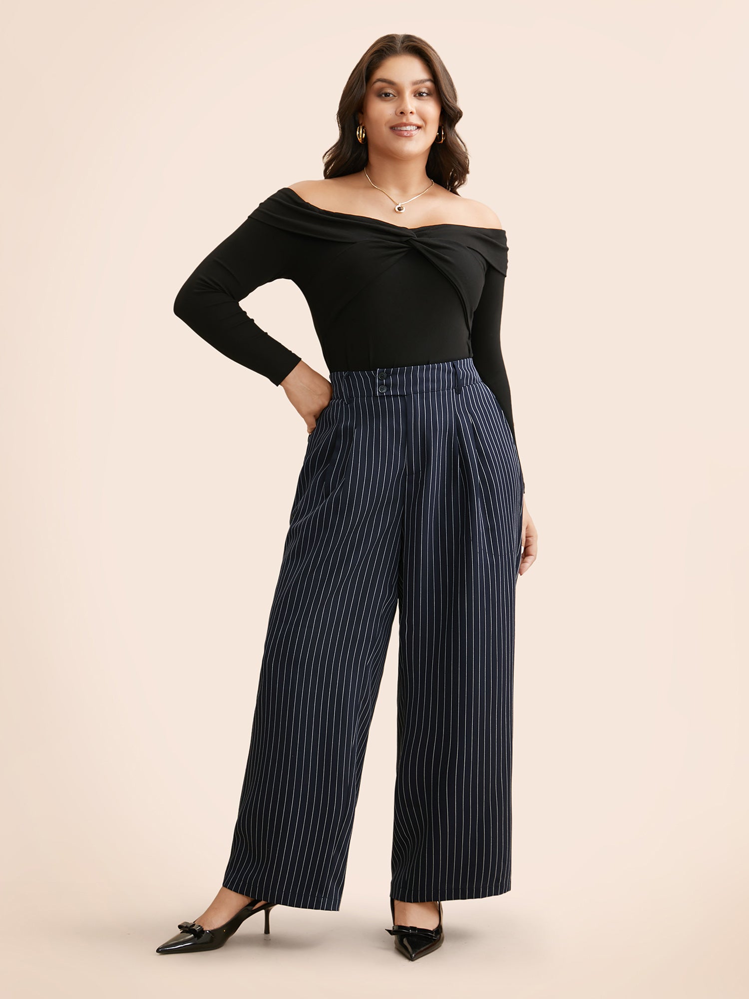 Striped Button Detail Mid Rise Wide Leg Pants