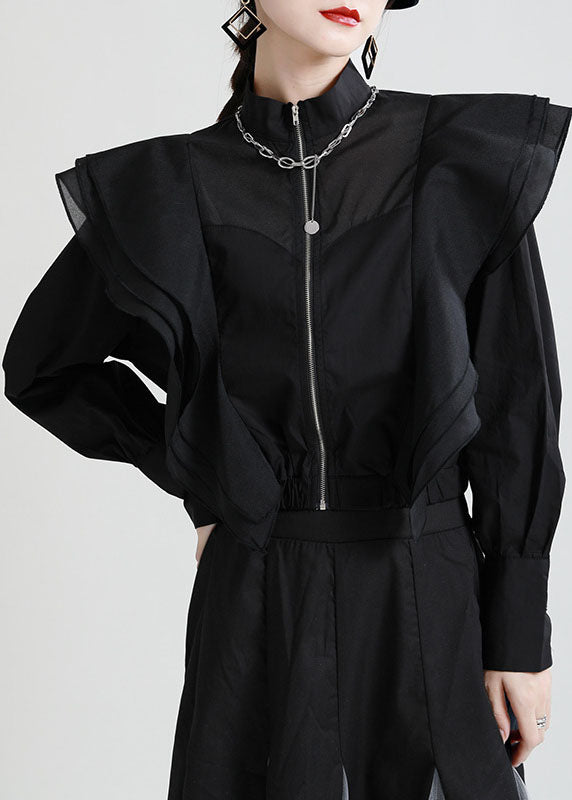 Vintage White Ruffles Zippered Patchwork Tulle Fall Long sleeve Coat