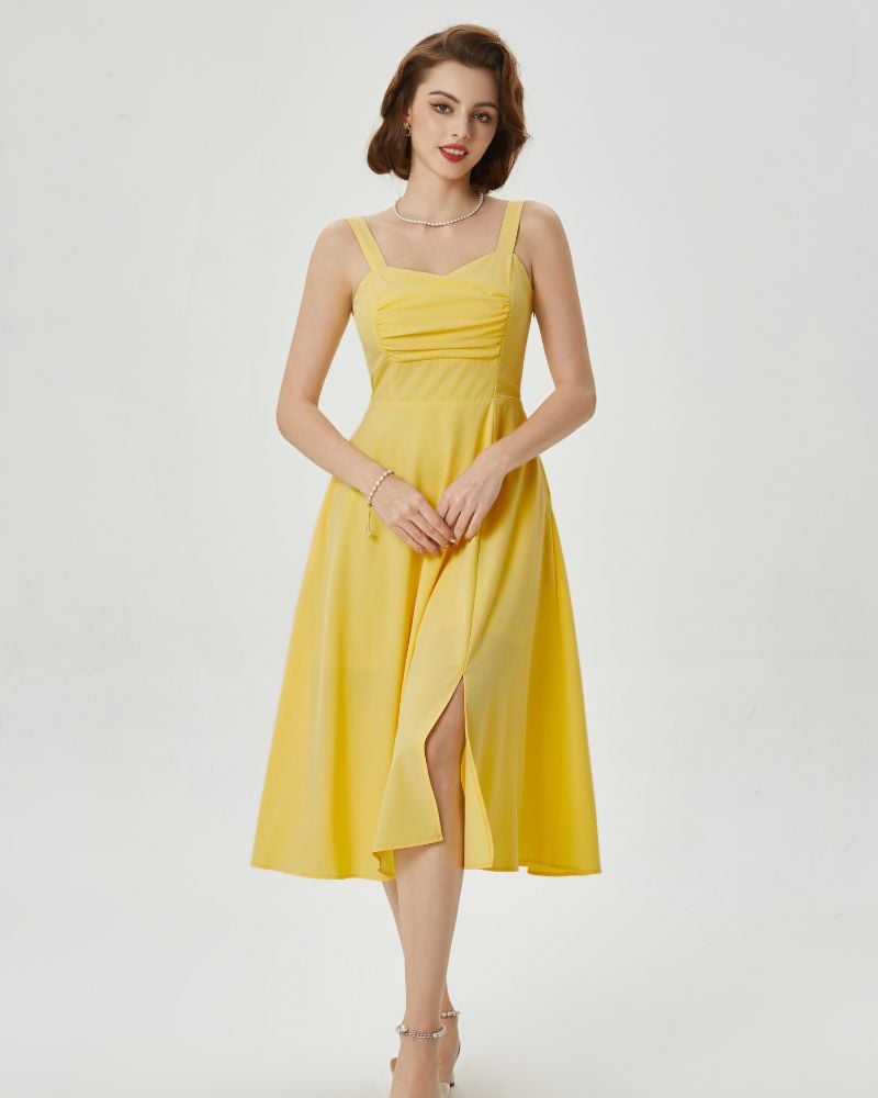 Vintage Leaf Patterns Cocktail Dress Sleeveless Spaghetti Strap Ruched Slit A Line Swing Dress with Pockets