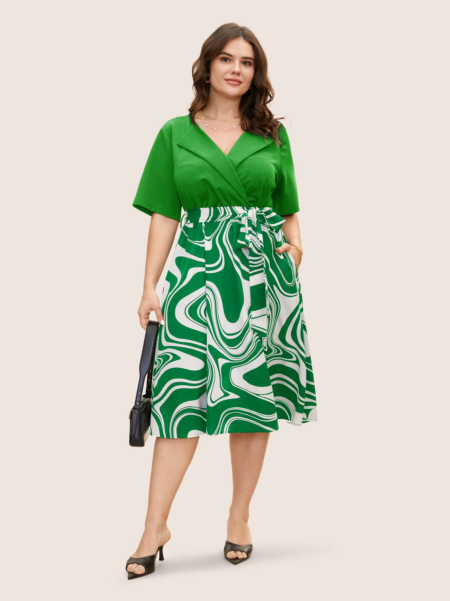 Geometric Patchwork Suit Collar Belted Dress