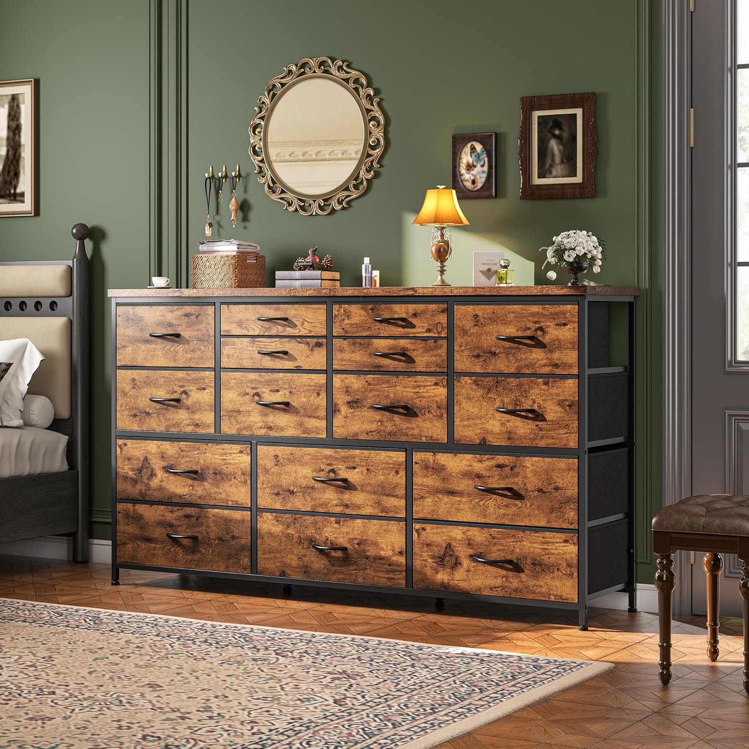 Dresser for Bedroom with 16 Fabric Drawers Long Dresser with Charging Station TV Stand for 60