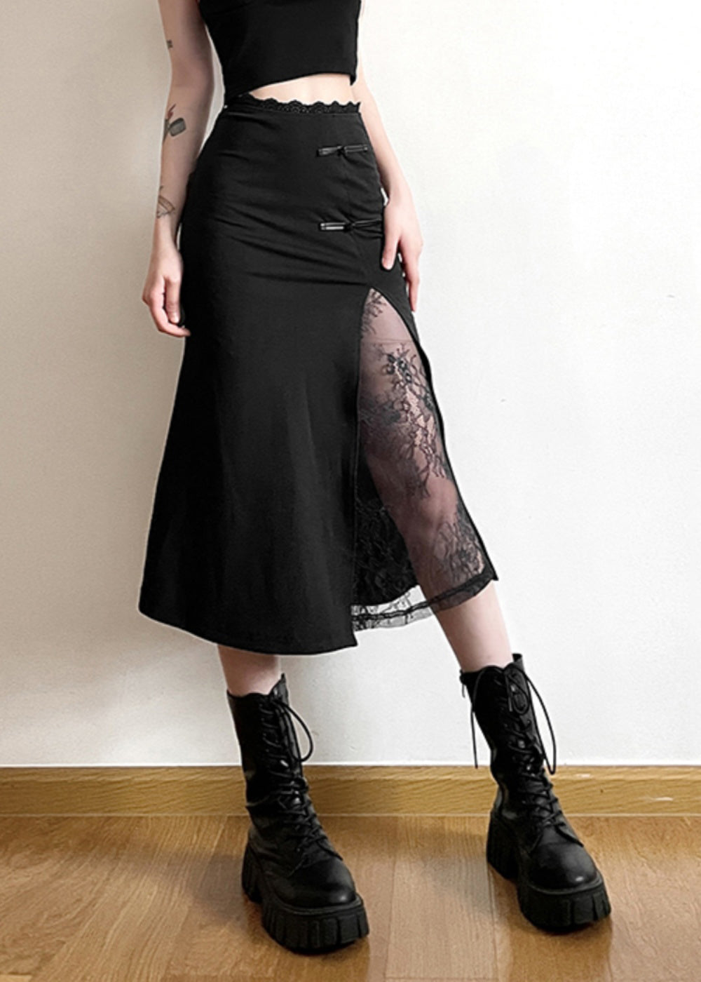 Chinese Style Black Lace Patchwor High Waist Skirt