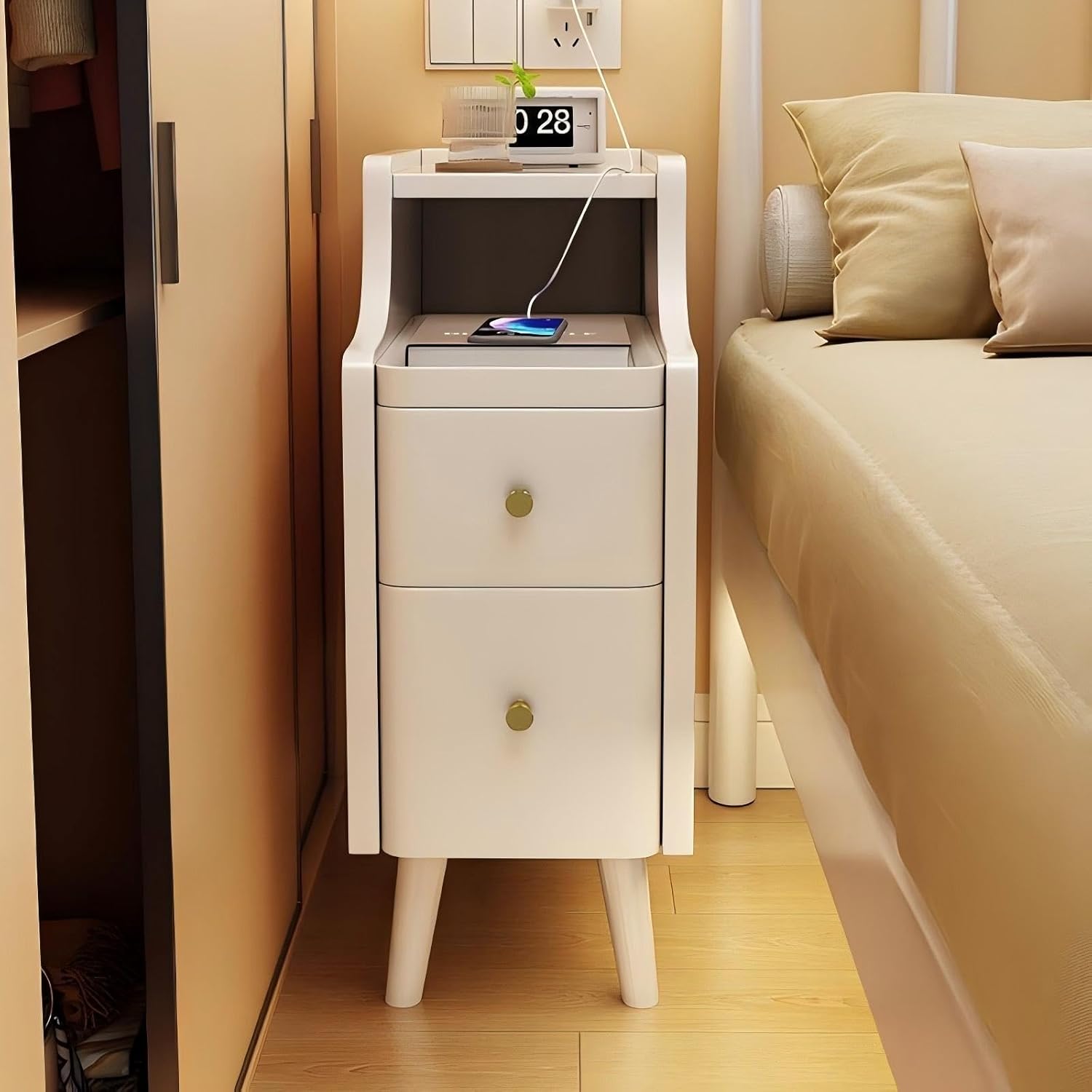 Small Nightstand Wooden Narrow Side Table，Narrow Bed End Table with 2 Drawers