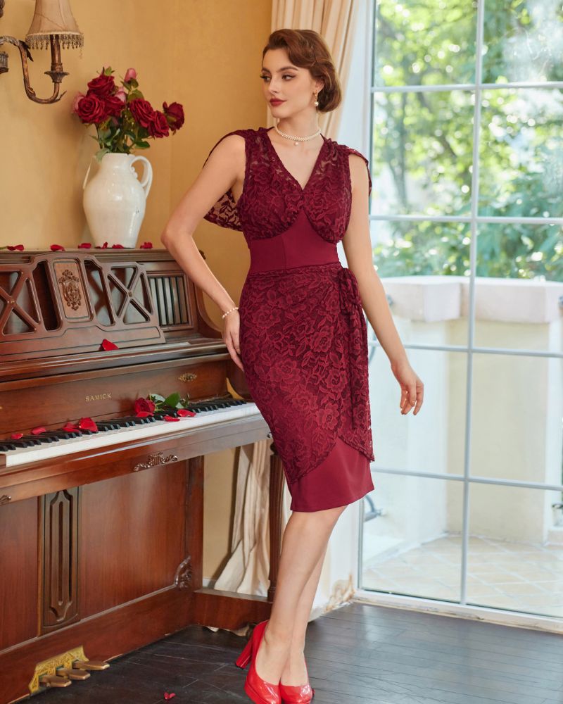 Women's Lace Dress Sleeveless Sexy Valentine Dress Vintage Pin Up Bodycon Dress