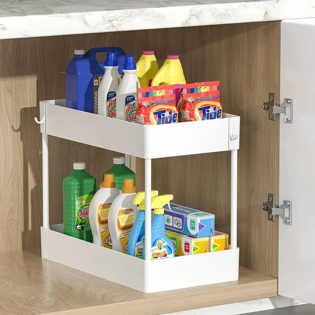 2-Tier Under Sink Shelf Organizer Space Saving Bathroom Sink Storage Rack With 4 Hooks