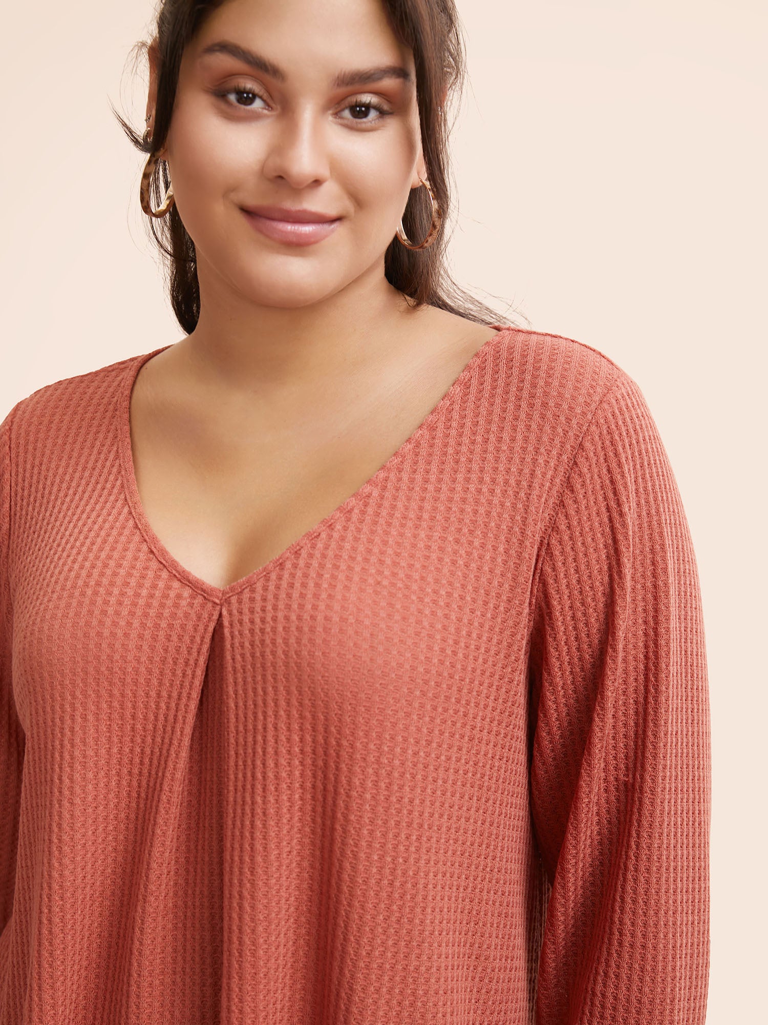 Plain Waffle Knit Scoop Neck Plicated Detail T-shirt