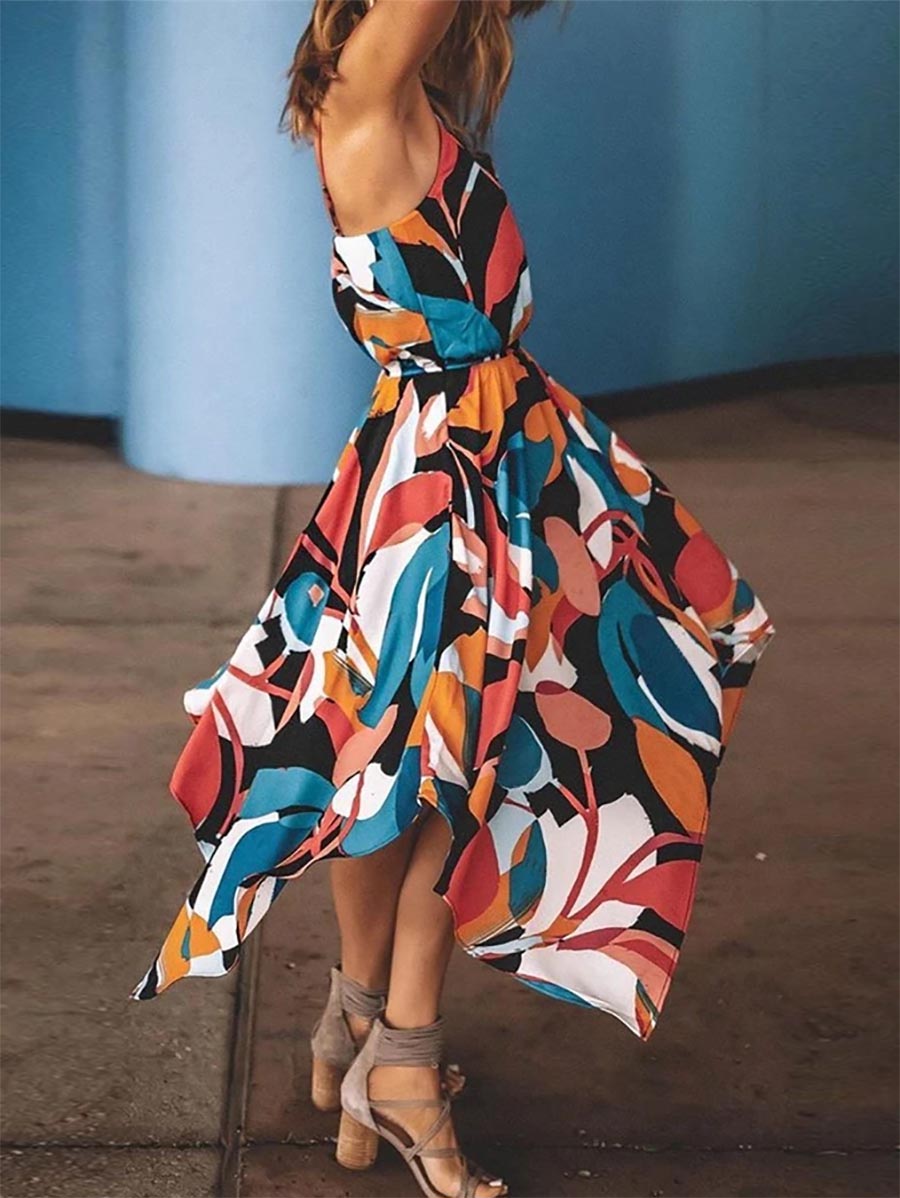 Spaghetti Straps Printed Multicolor Midi Dress