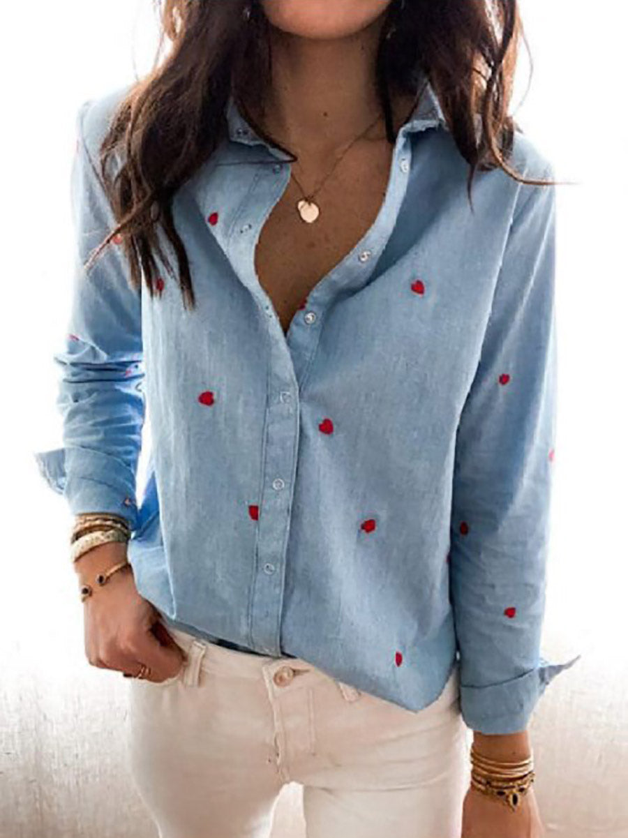 Love Lapel Button Long Sleeve Shirt