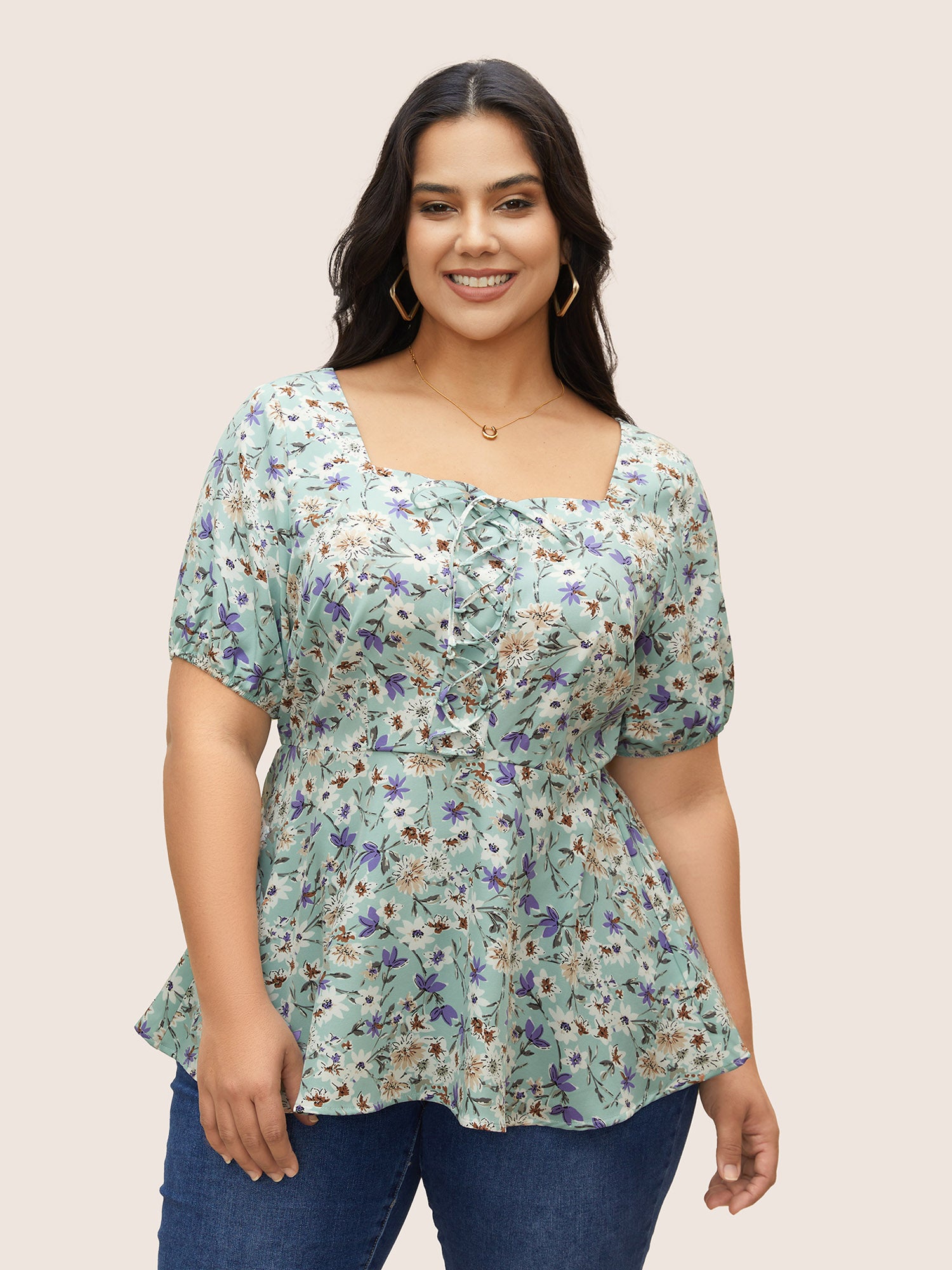 Floral Lace Up Gathered Lantern Sleeve Blouse