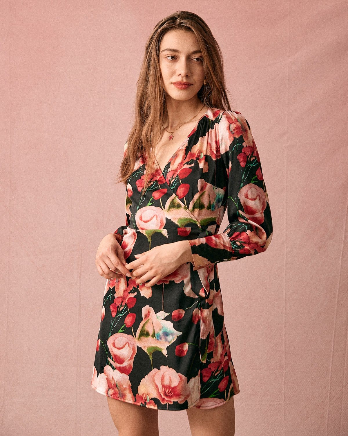 The V Neck Long Sleeve Floral Wrap Mini Dress