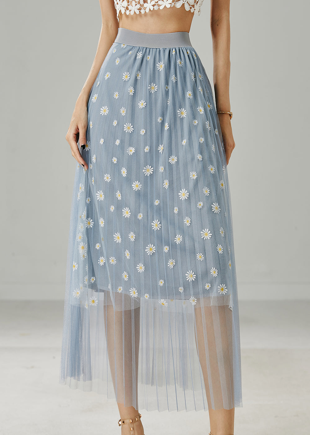 Boutique Blue Grey Chrysanthemum Embroidered Tulle Skirt Summer