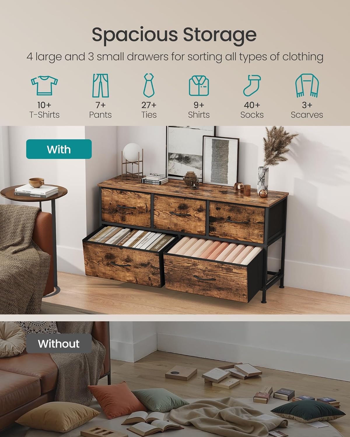 SONGMICS Dresser for Bedroom, Chest of Drawers, TV Stand, Steel, MDF, 5 Non-Woven Fabric Drawers, Storage Organizer Unit, Closet, Entryway, Cloud White and Snow White ULGS322W01S