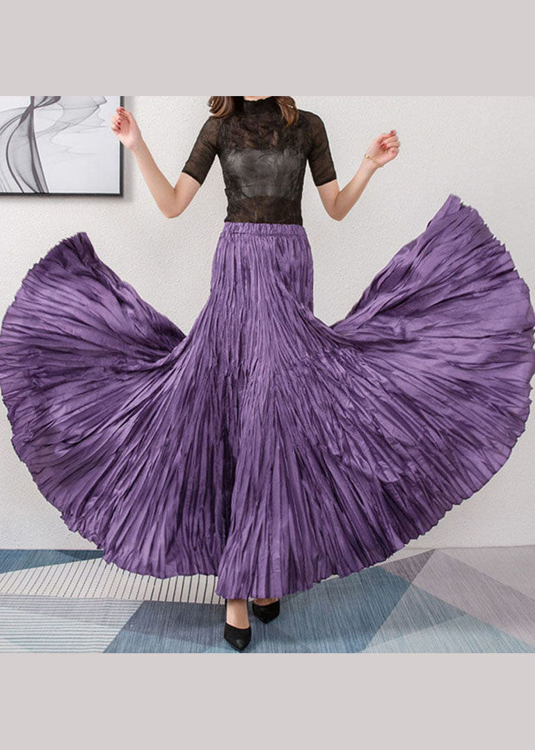 Purple Elastic Waist Wrinkled Exra Large Hem Silk Skirts Summer