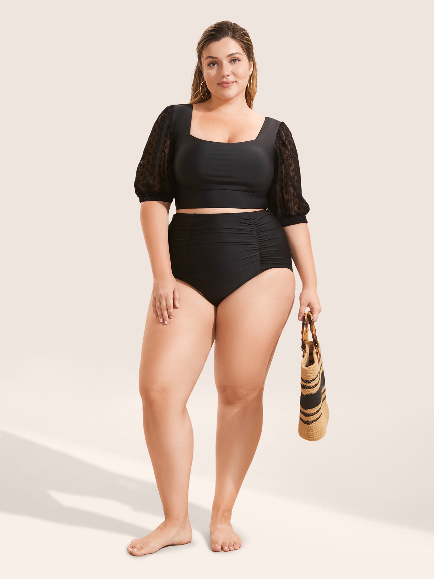 Square Neck Patchwork See Through Swim Top