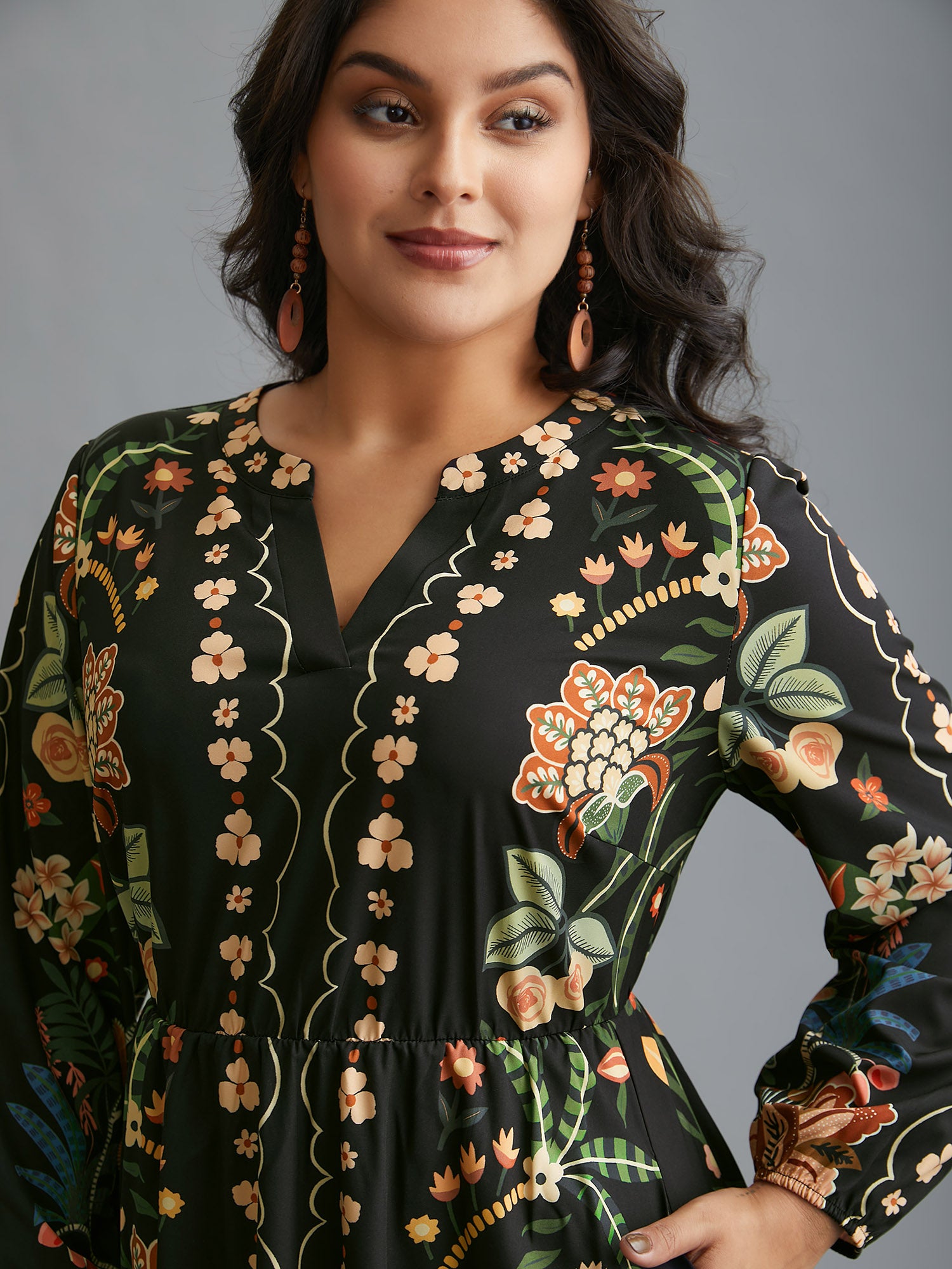 Floral Print Notched Collar Elastic Waist Dress