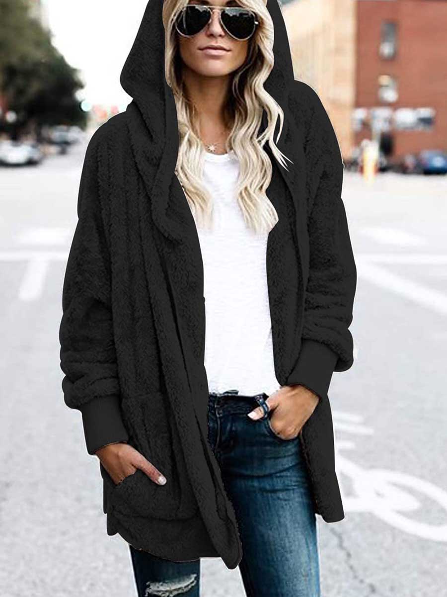 Solid Color Fleece Hooded Jacket