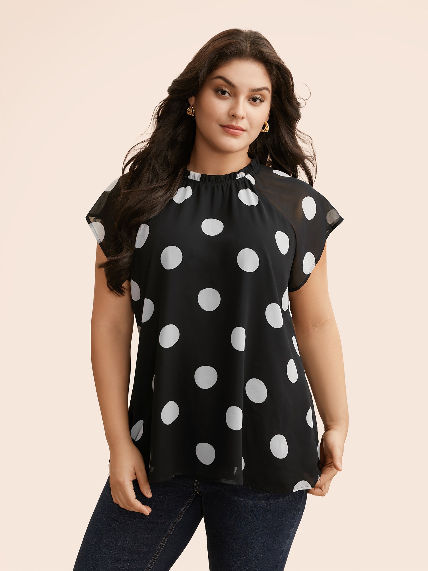 Polka Dot Mock Neck Mesh Patchwork Blouse