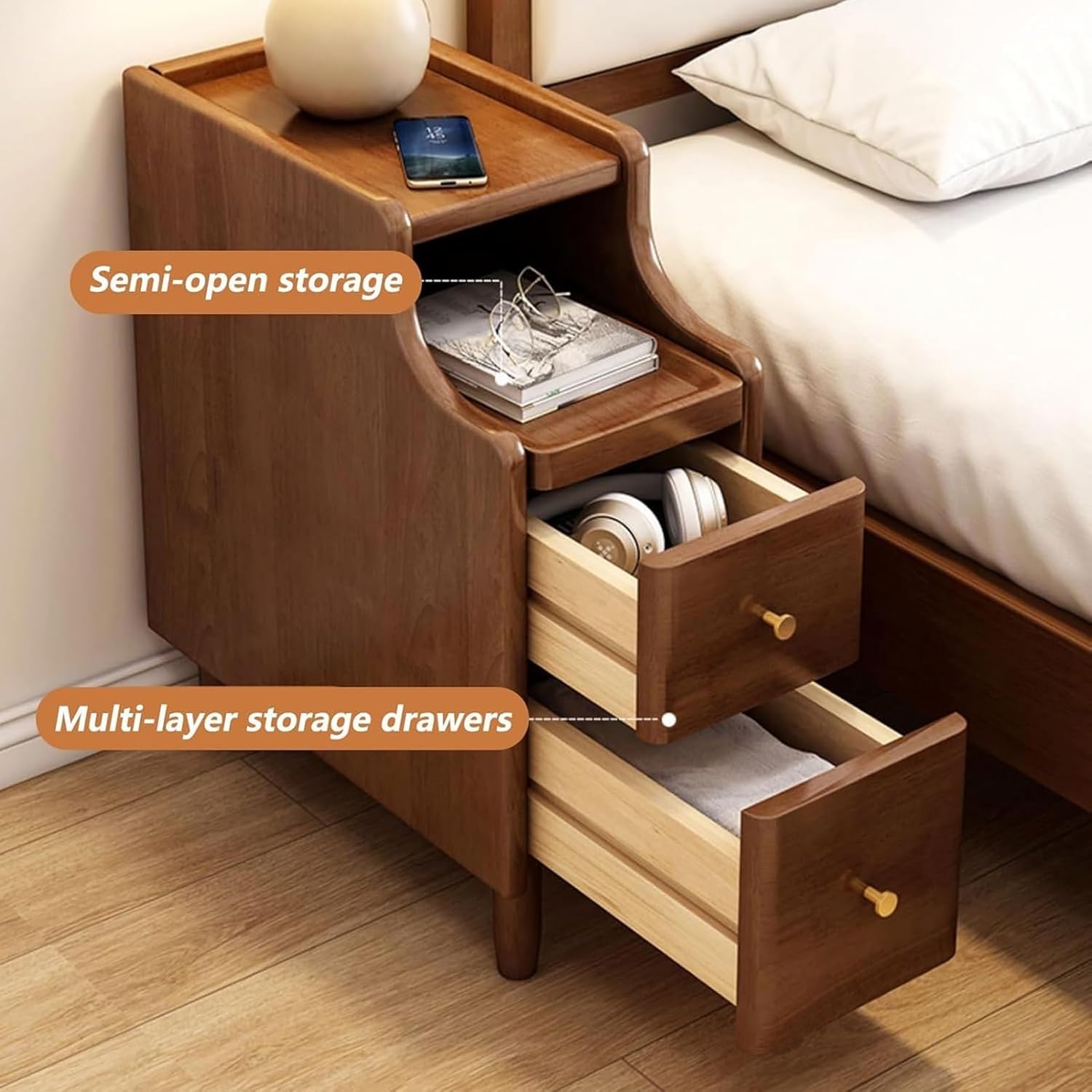 Small Nightstand Wooden Narrow Side Table，Narrow Bed End Table with 2 Drawers