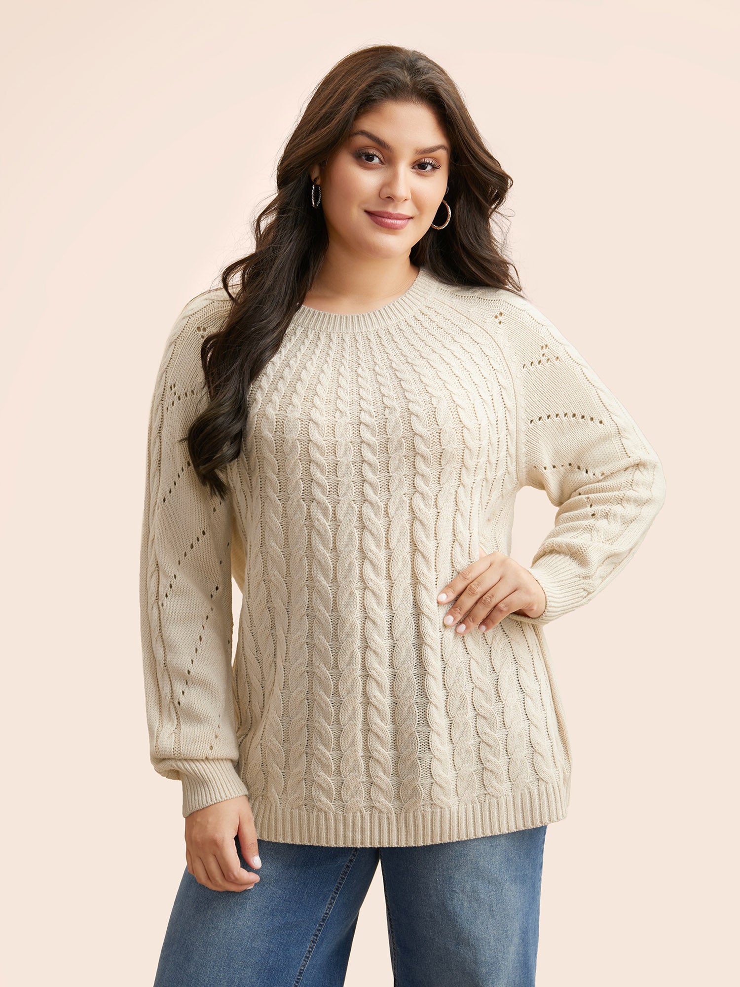 Cable Knit Raglan Sleeve Cut Out Pullover