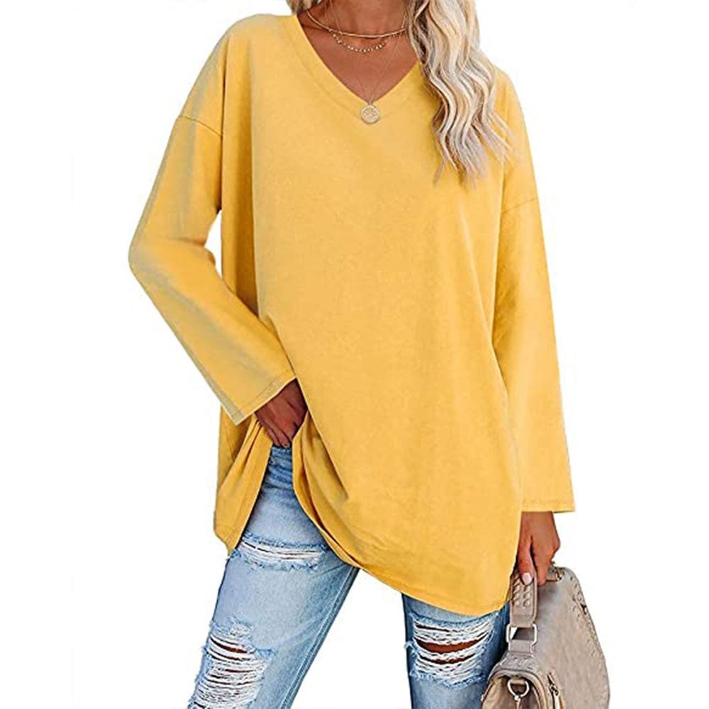 Multicolor - Women's Loose Long Sleeve Fashion V-neck Top