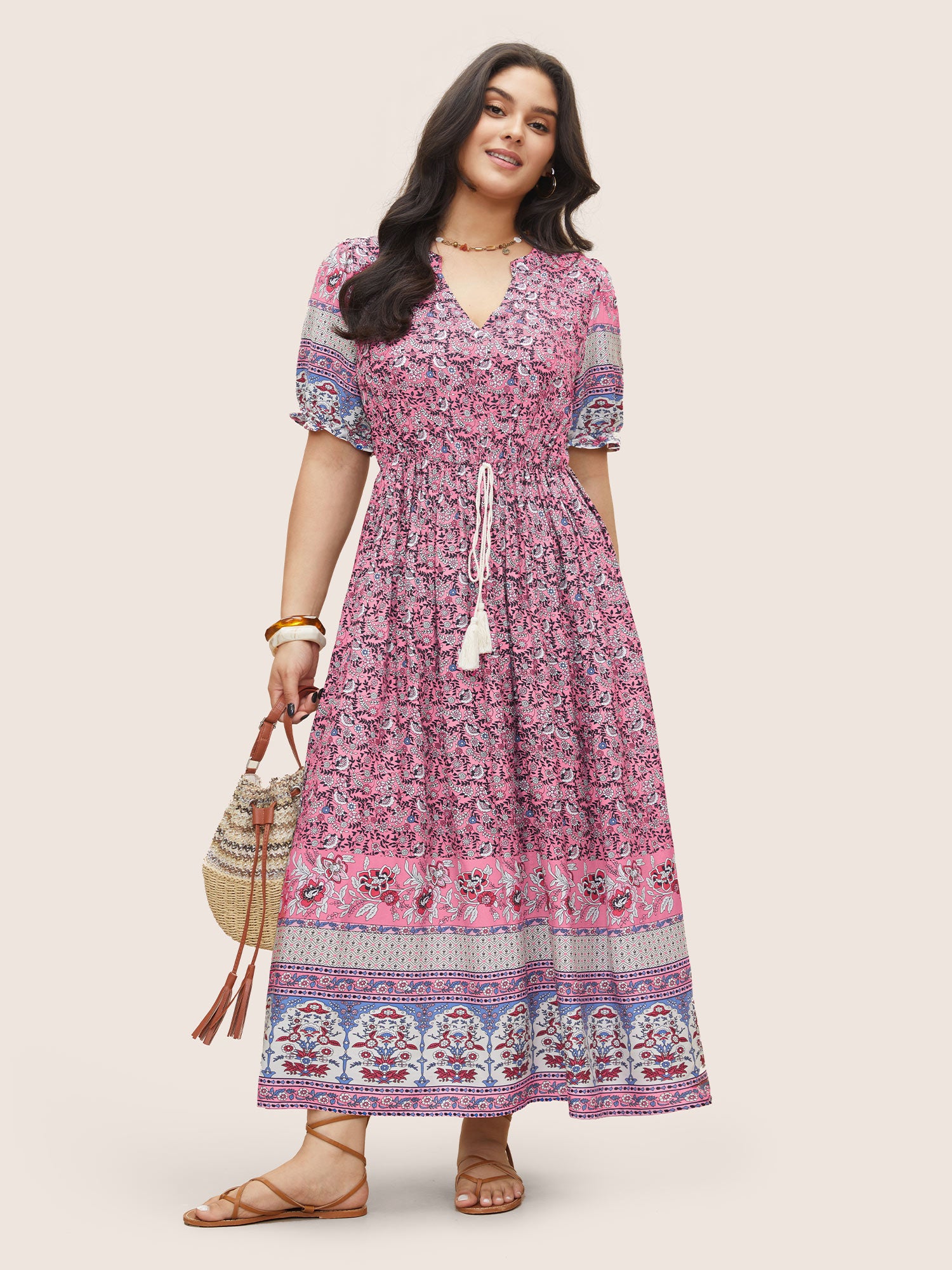 Boho Print Notched Ties Tassel Trim Dress