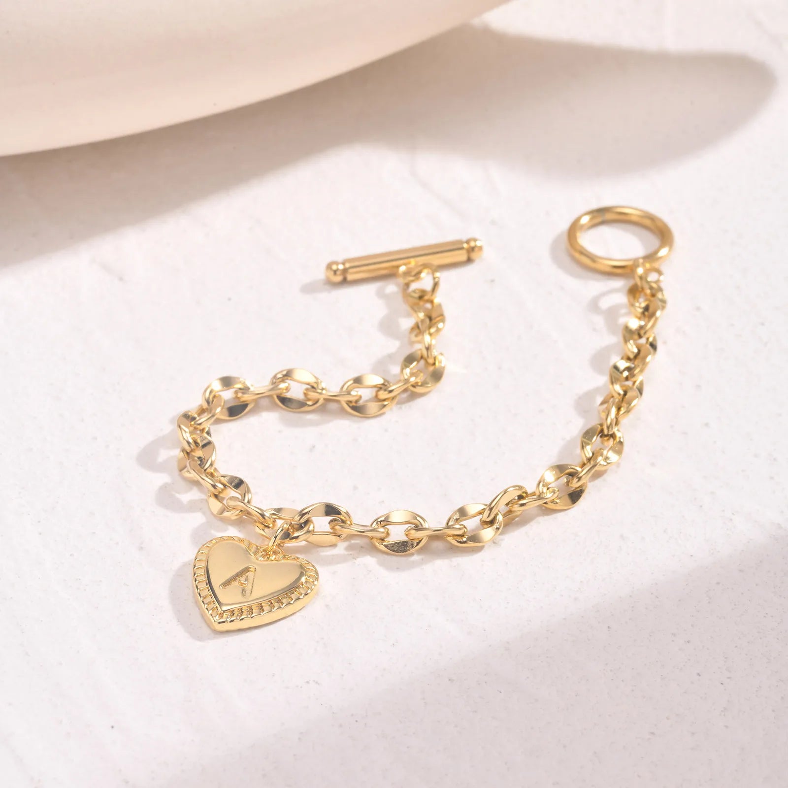 14k Dainty Heart Engraved Letter Initial Bracelet