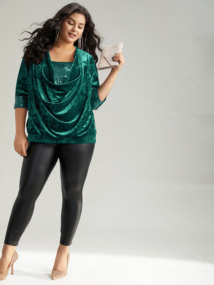 Cowl Neck 2-In-1 Sequin Patchwork Blouse