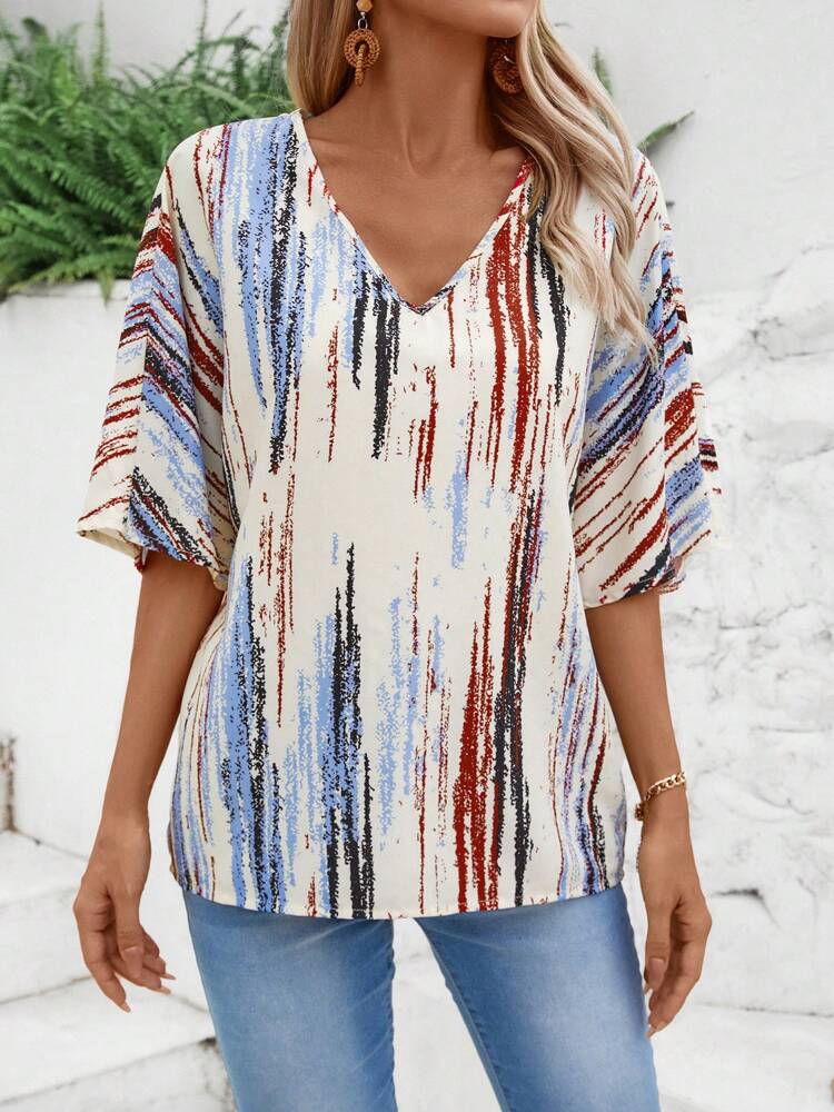 Women's Tie-Dye V-Neck Batwing Sleeve Loose Casual Shirt. Summer