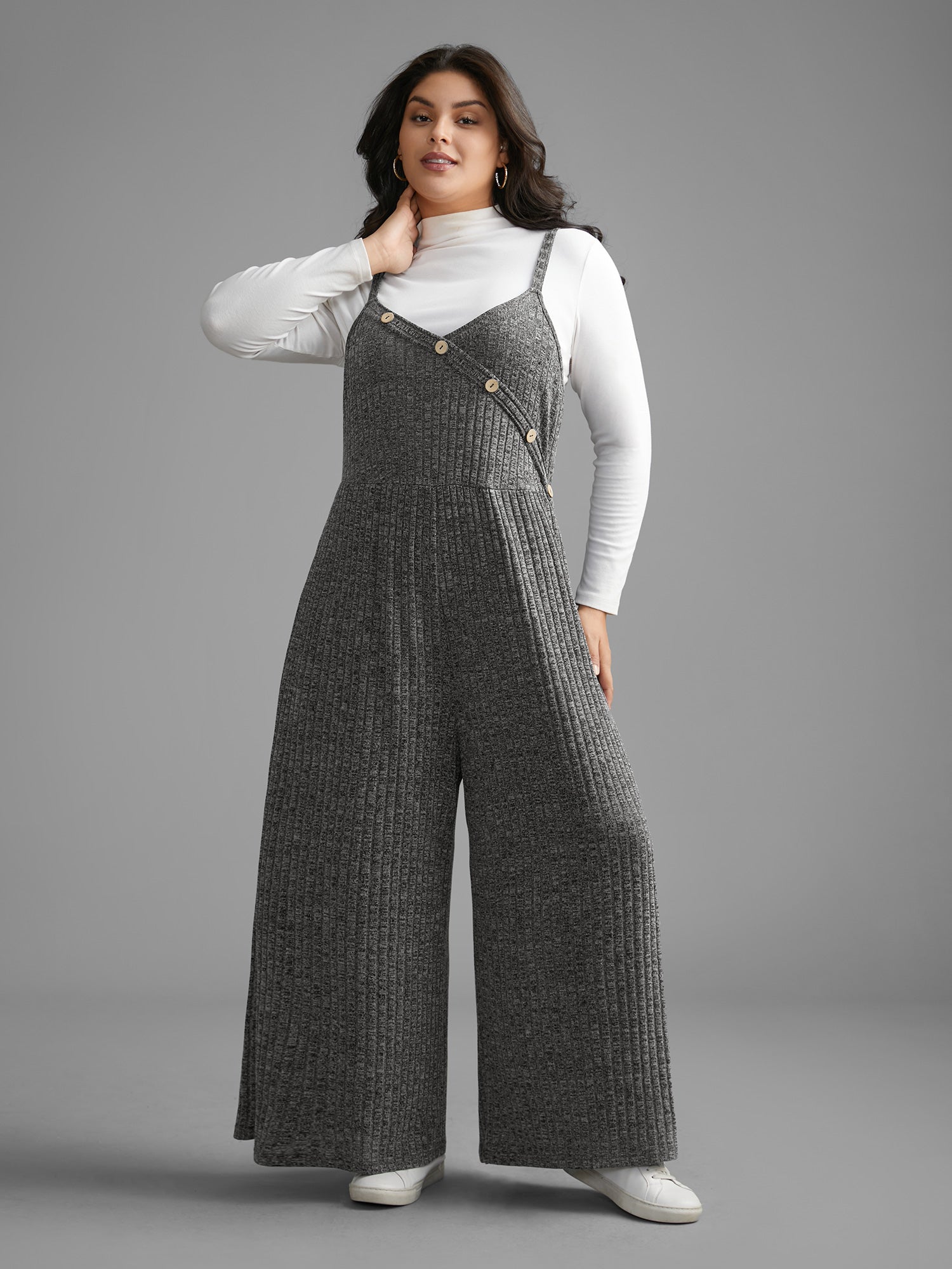 Plain Rib Knit Button Detail Jumpsuit