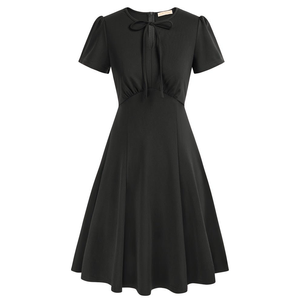 Vintage Daisy Pattern A-Line Swing Dress Keyhole Tie Dress Round Neck Work Dress Tea Dress