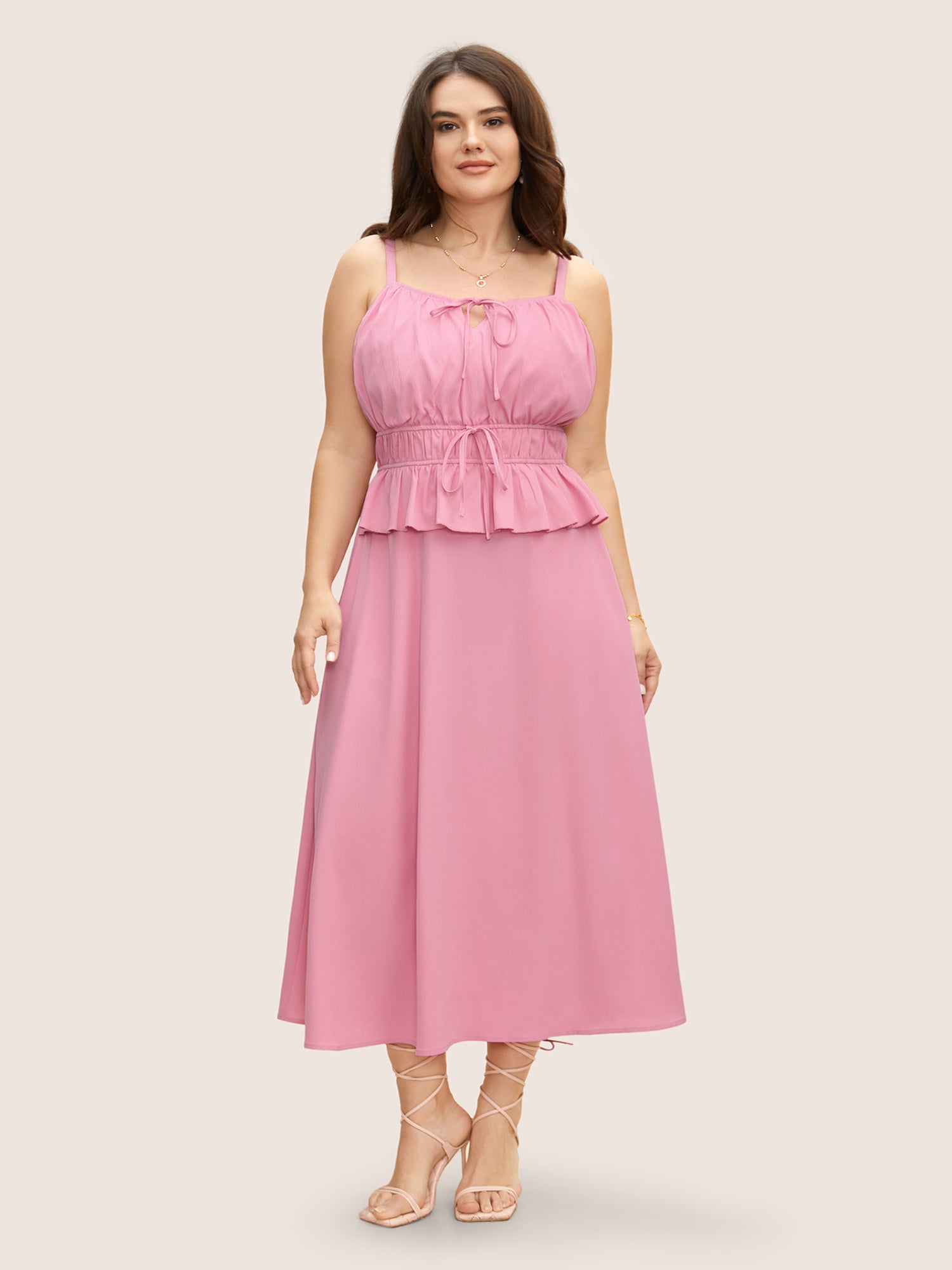 Plain Textured Tie Knot Ruffles Cami Dress