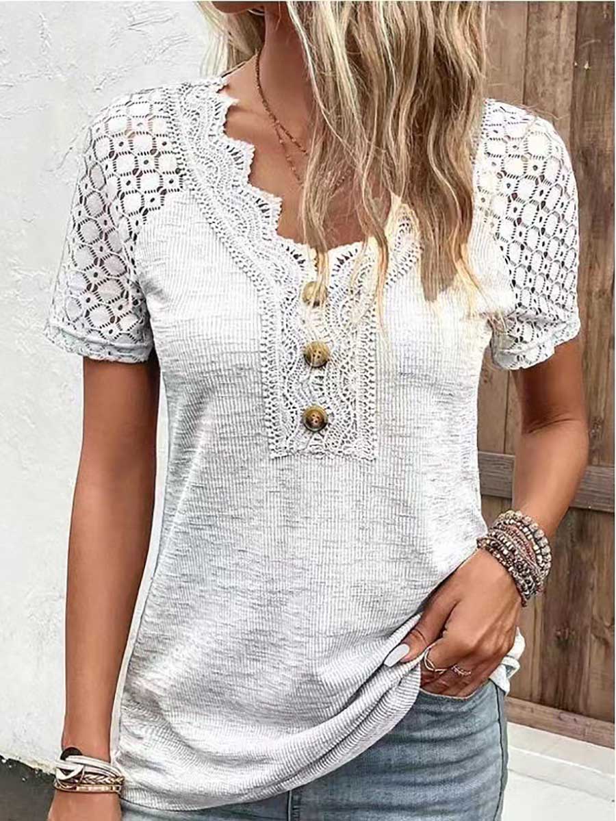 Comfortable Casual Lace Splicing V-Neck Pullover Top Women's T-Shirt