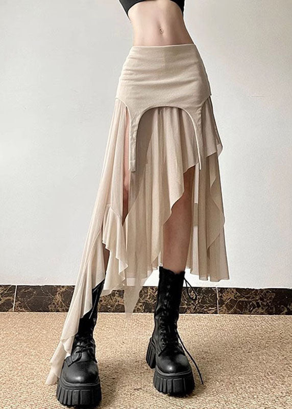 Fashion Khaki Asymmetrical Tulle Patchwork High Waist Maxi Skirts