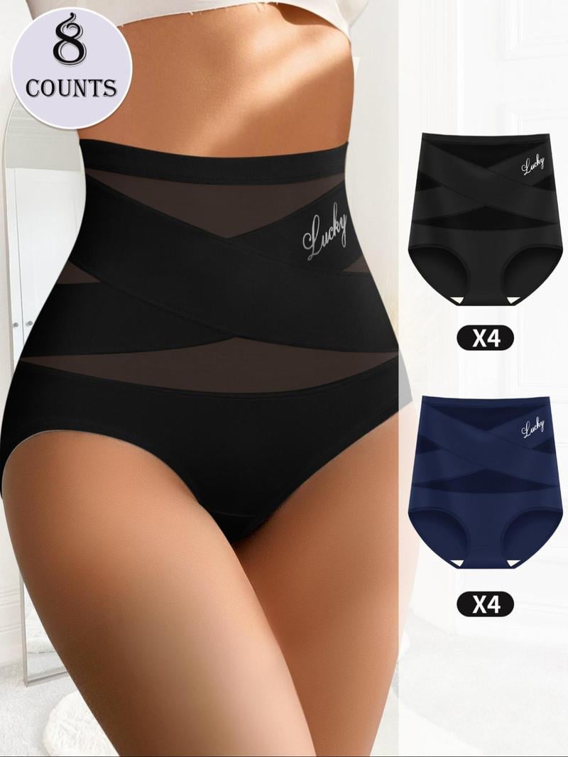 Women's Letter Print Contrast Mesh Criss Cross High Waist Briefs