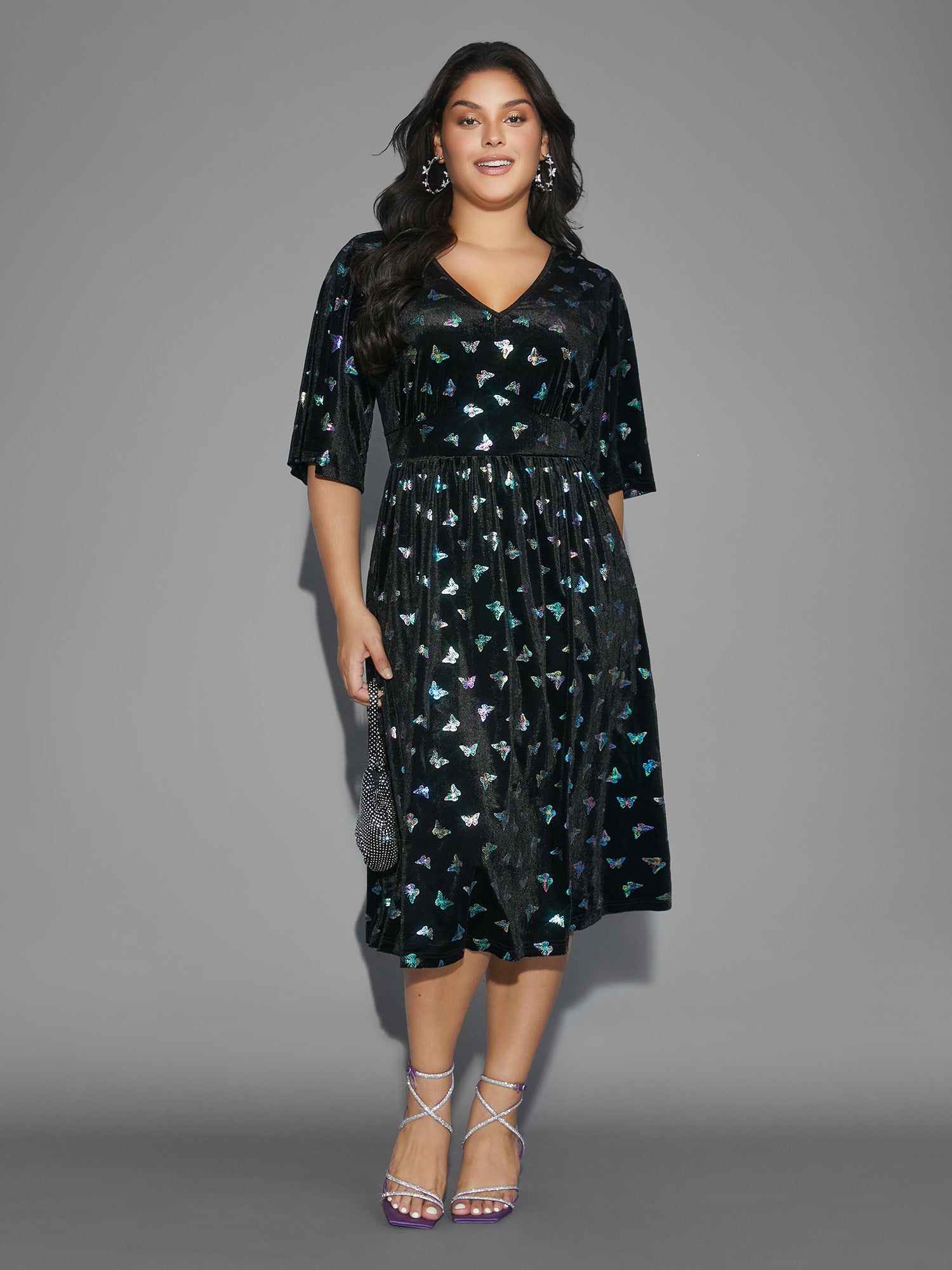 Butterfly Glitter Flutter Sleeve Midi Dress