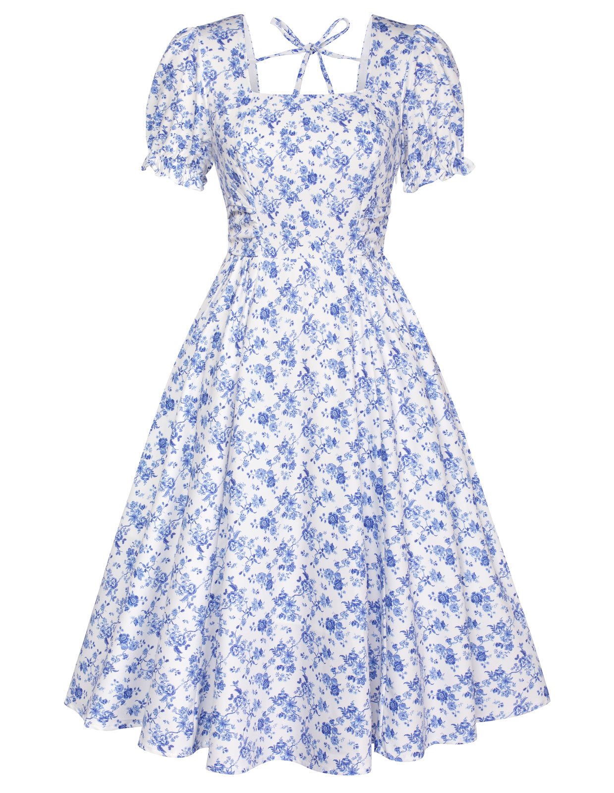 Vintage Daisy Flower Print Cottagecore Cocktail Dresses Square Neck Puff Sleeve Dress with Pockets