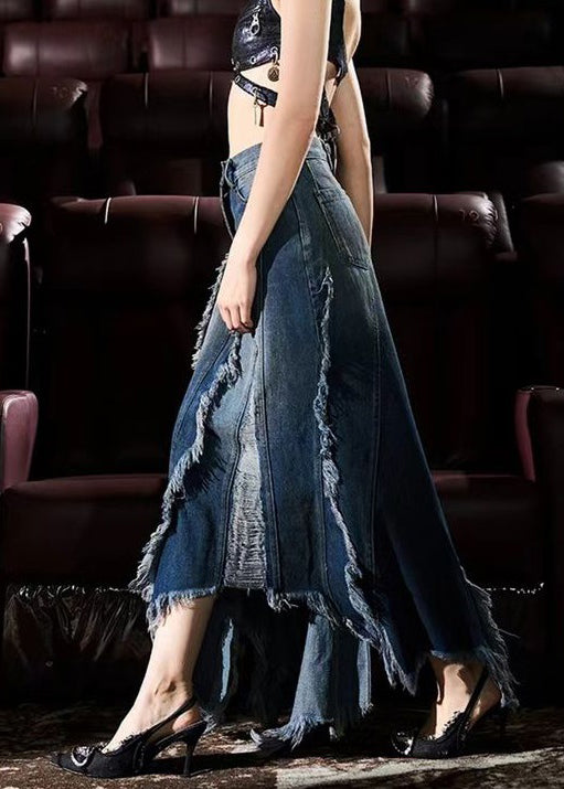 Blue Asymmetrical Design Tasseled Denim Skirt Summer