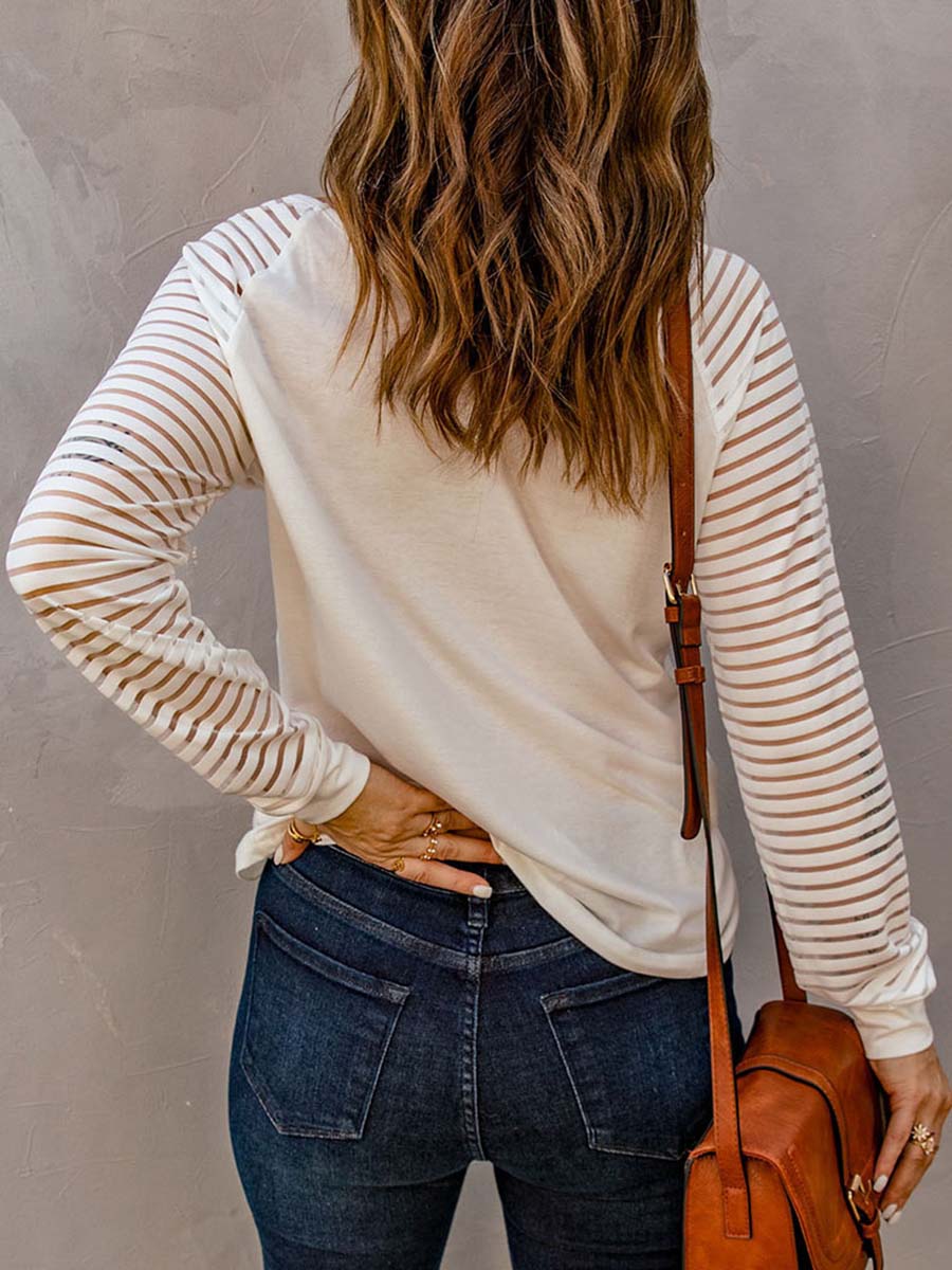 Hollow Striped Long Sleeve V-Neck Top(6 colors)