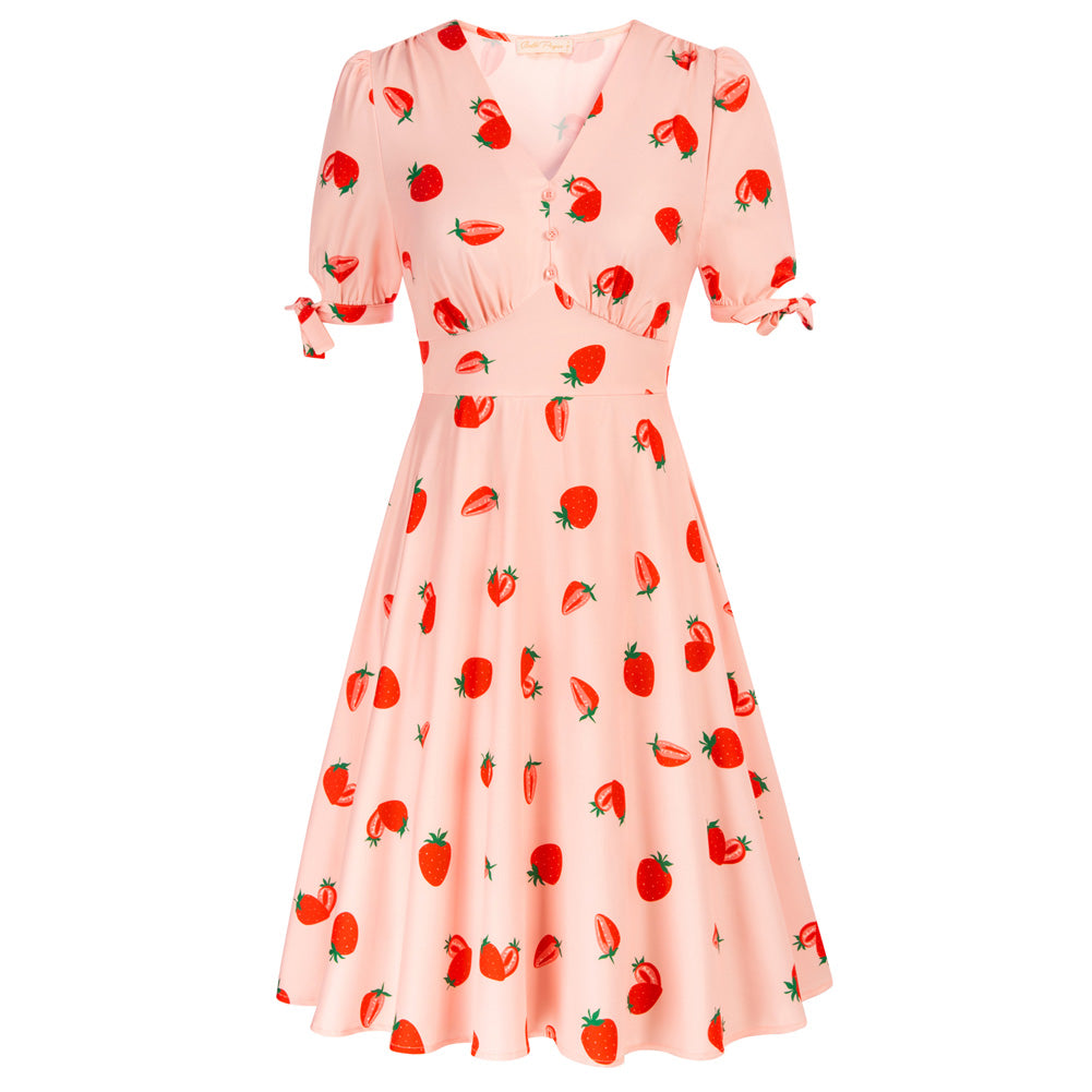 Strawberry Print Midi Casual Swing Dress Short Sleeve Vintage Beach Dresses