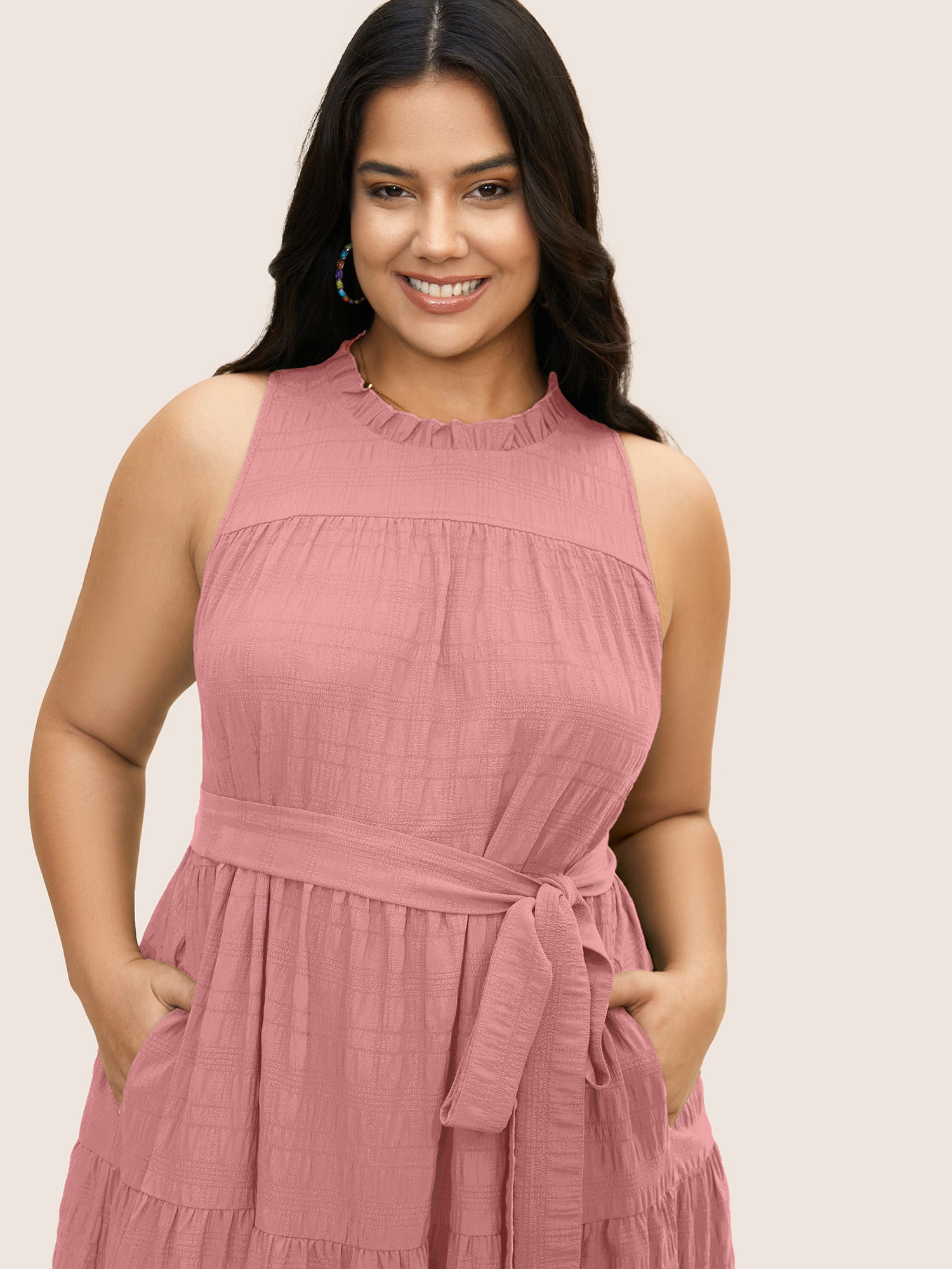 Plain Textured A-line Frill Trim Dress