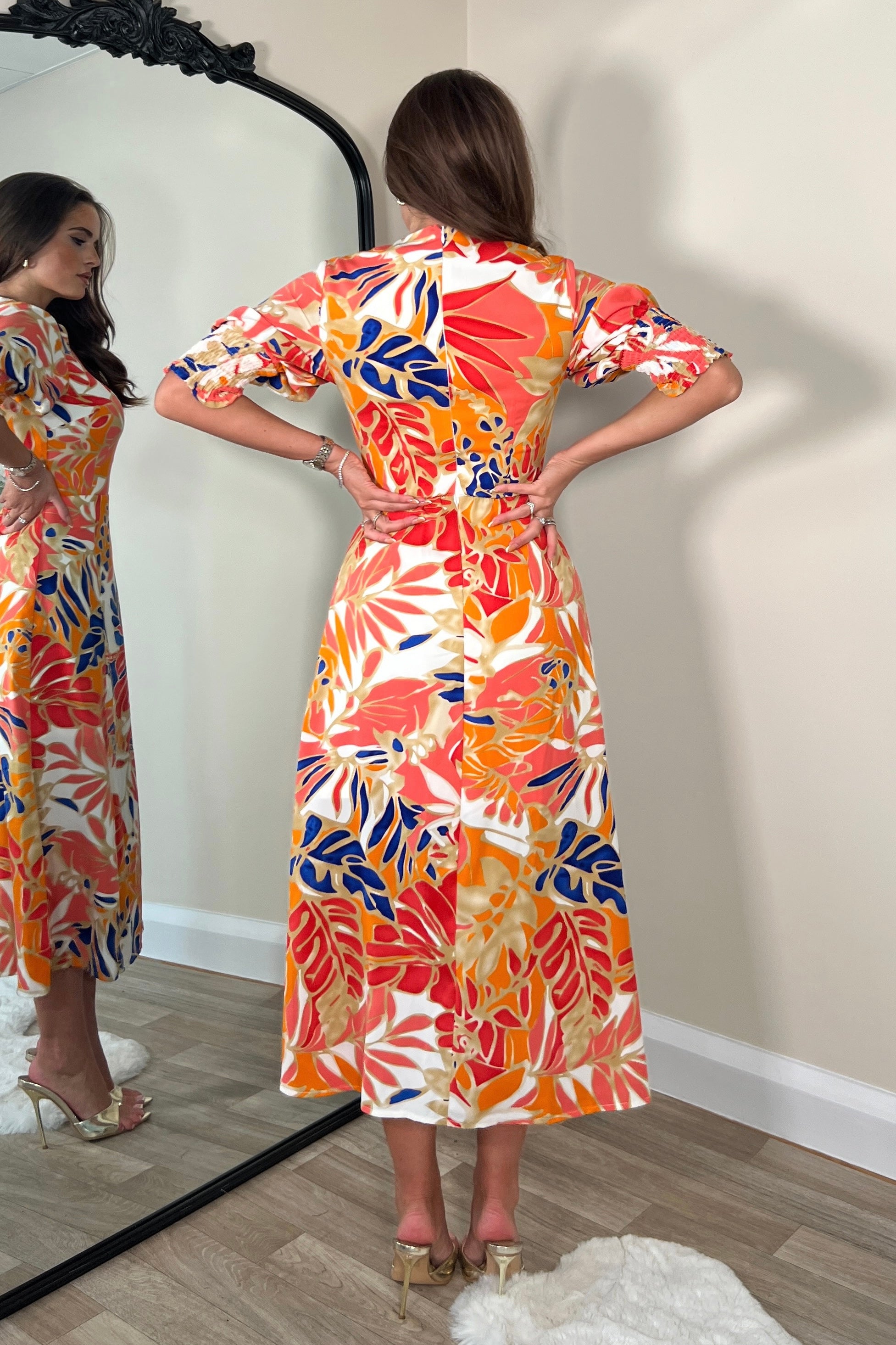 Shayla Orange Shirred Cuff Midi Dress