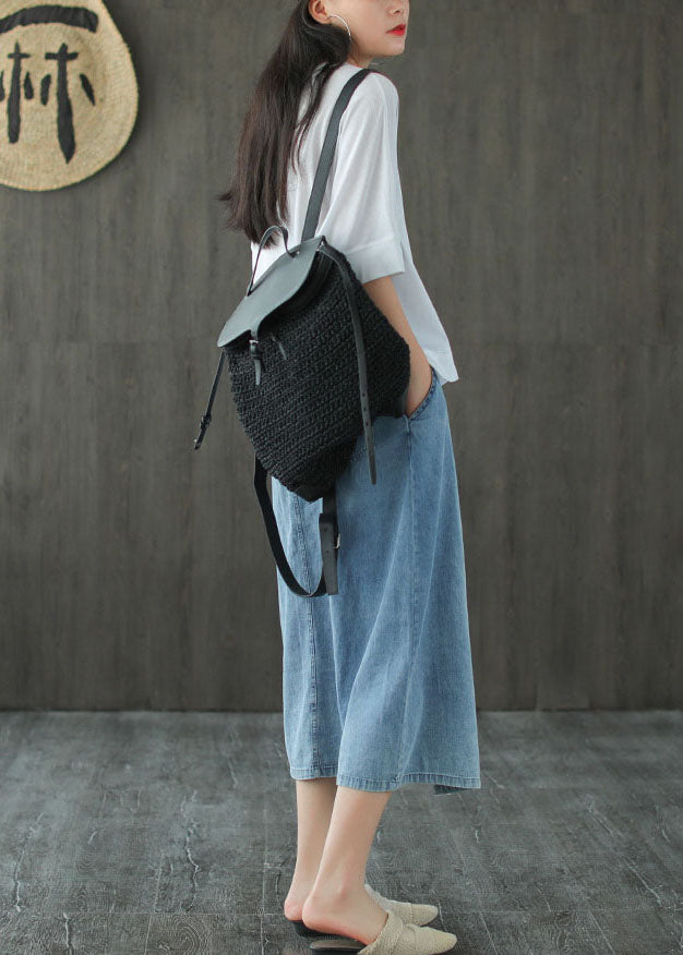 Denim Blue Elastic Waist Asymmetrical Oriental Button Cotton Skirt Summer
