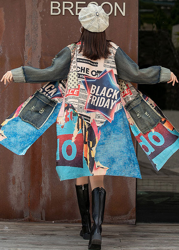 Unique Denim Patchwork Knit Peter Pan Collar Pockets Side Open Fall Long Sleeve Coat