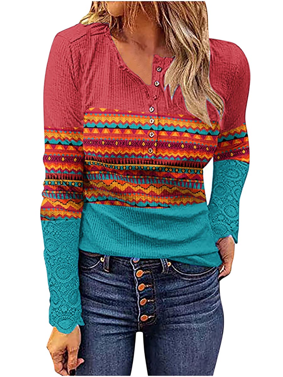 V Neck Buttons Printed Bottoming Shirt