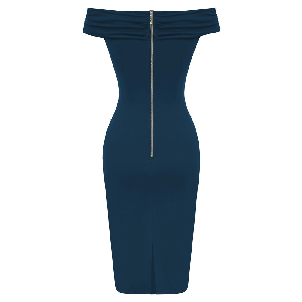 Ruched Bodycon Dress Off Shoulder Straight Neck Pencil Dress