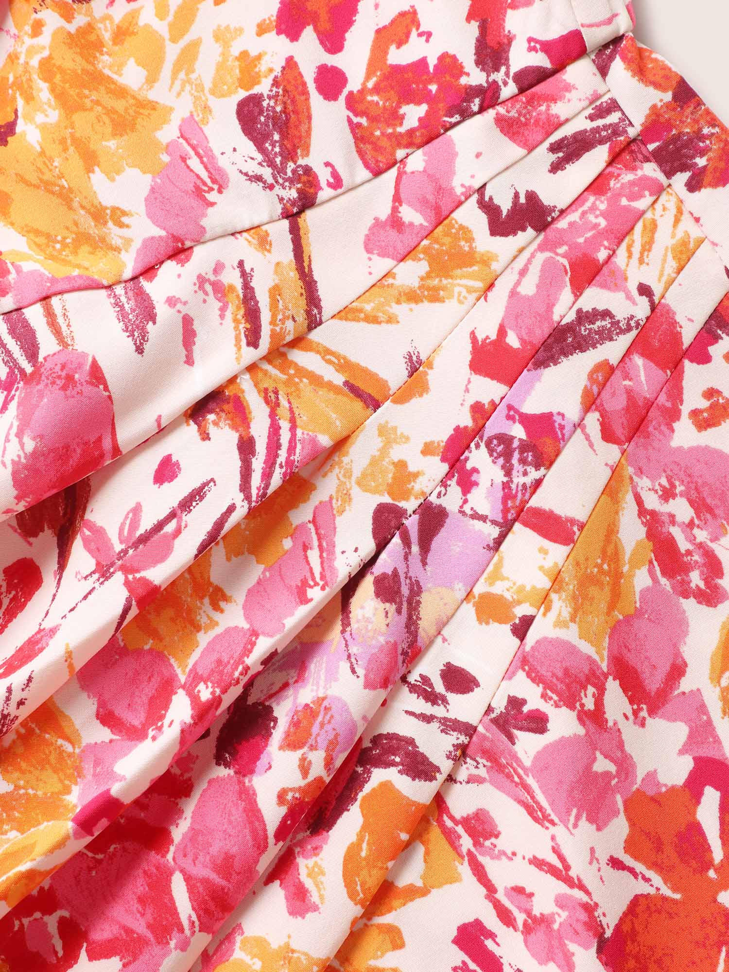 Asymmetrical Neck Watercolor Floral Pleated Dress