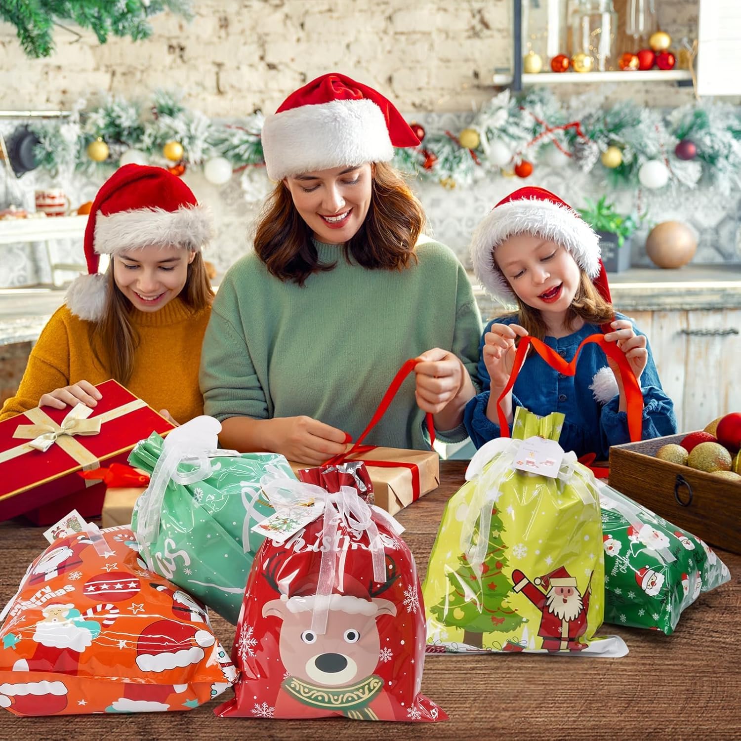 32pcs Gift Christmas Bags, 5 Assorted Sizes Holiday Xmas Gift Bags with Tags, Christmas Drawstring Bags for Gifts Wrapping Party Presents Decorations - Large Medium Small