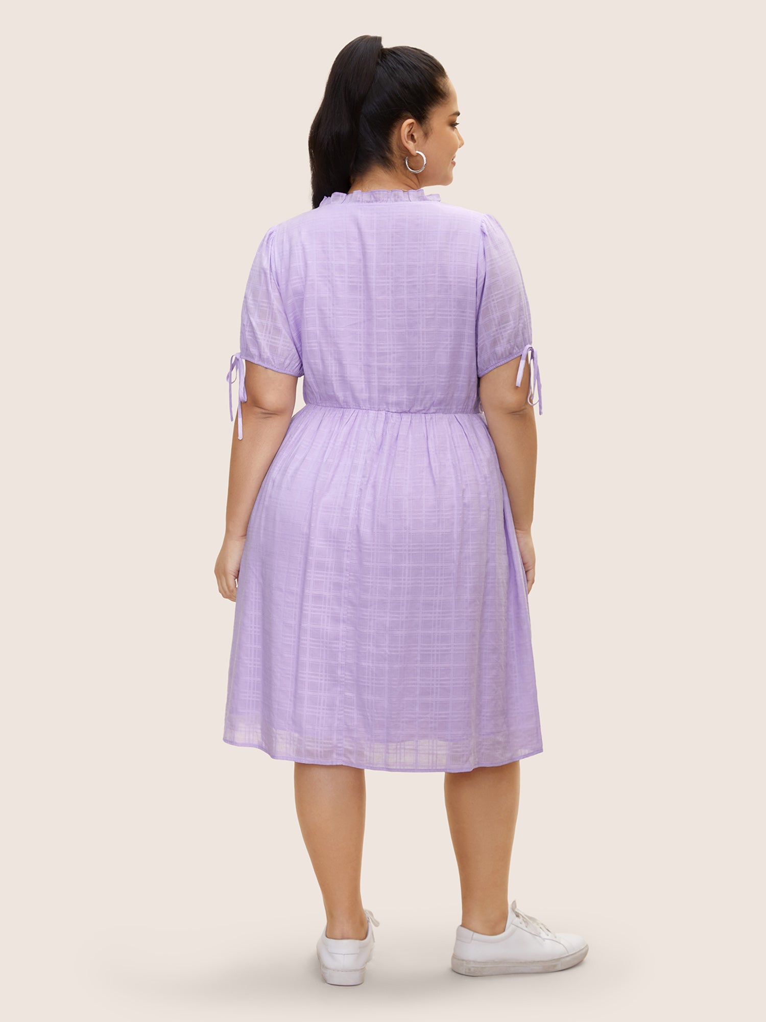 Plaid Drawstring Puff Sleeve Frill Trim Dress
