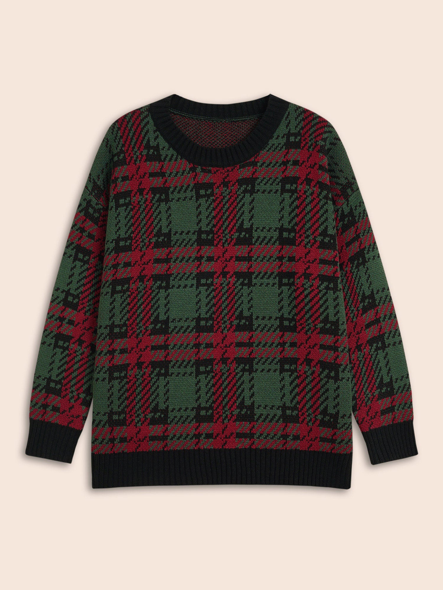 Jacquard Plaid Contrast Hemline Pullover