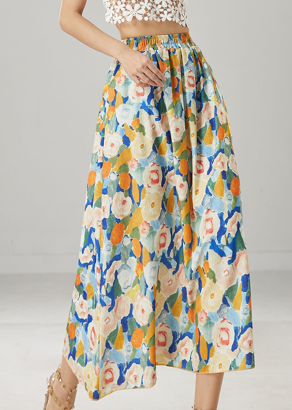 Fashion Blue Floral Elastic Waist Chiffon Skirts Summer